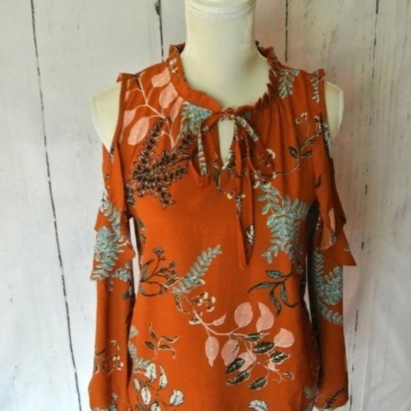 Japna Orange‎ Brown  Floral Blouse Cold Shoulder S - Picture 5 of 9